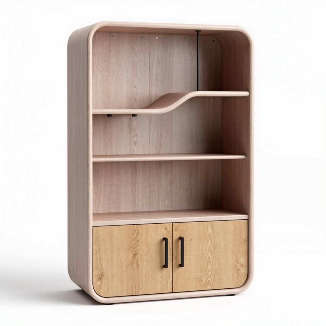 Natural wood bookshelf with two cabinets and three open shelves 80 x 40 x 120cm