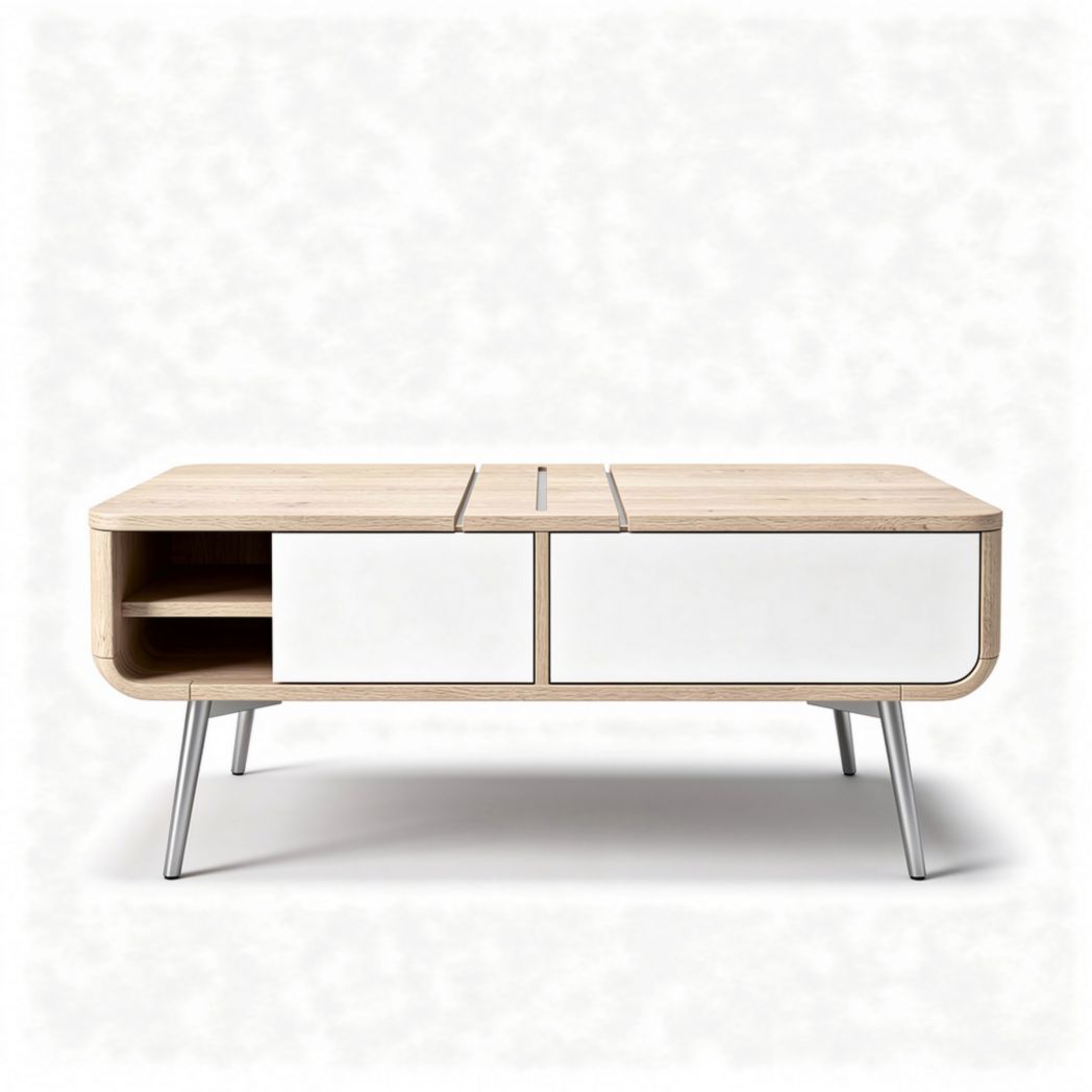 Wooden coffee table with white doors and open shelving in modern style 120 x 60 x 45cm