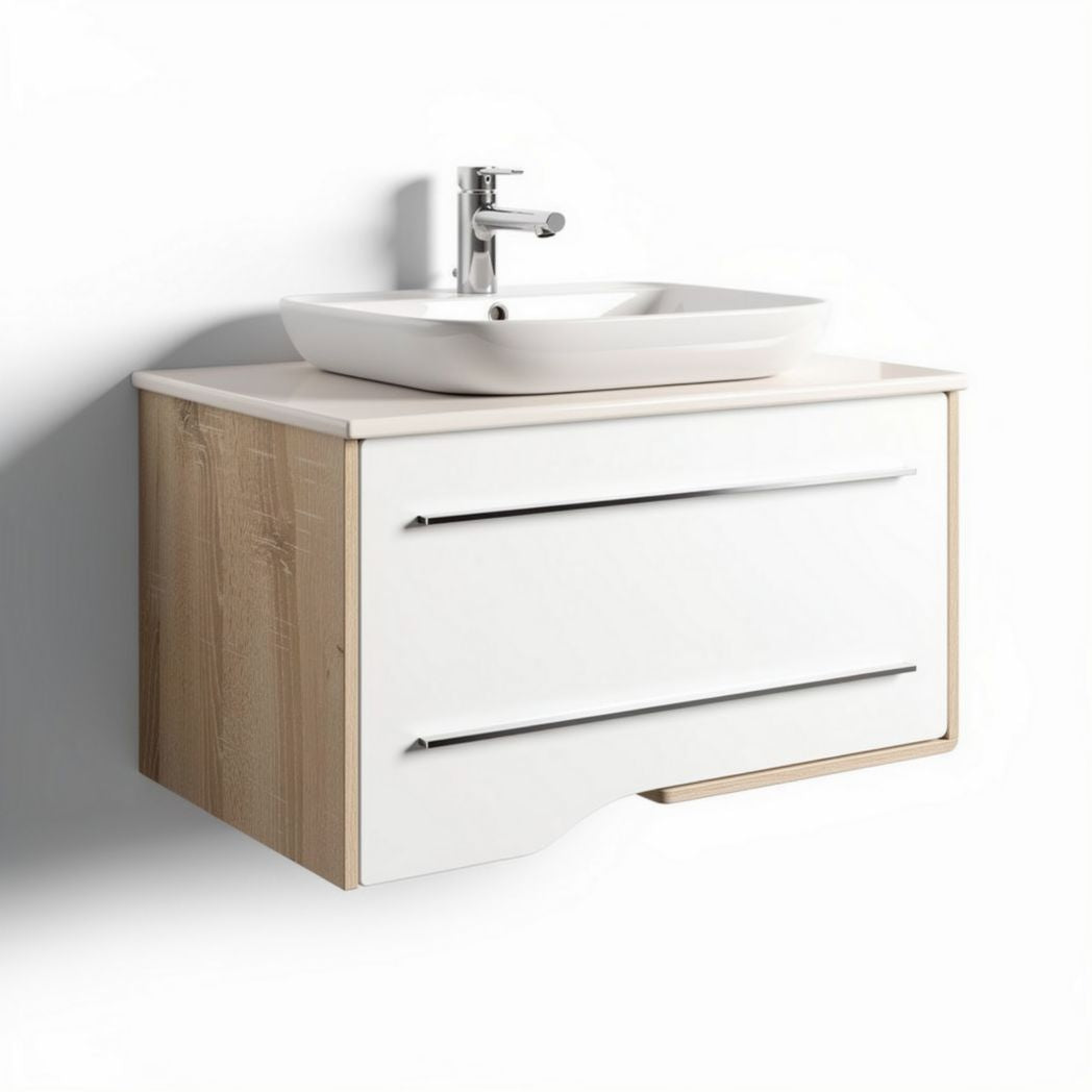 Wall-mounted bathroom vanity with ceramic sink and wood finish 60 x 45 x 30cm