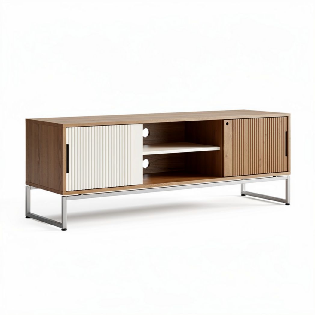 Wooden TV stand with storage compartments and metal legs 150 x 40 x 50cm