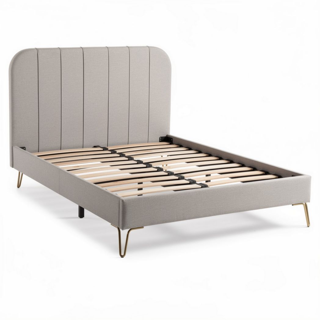 Upholstered king size bed frame with wooden slats and gold legs in gray