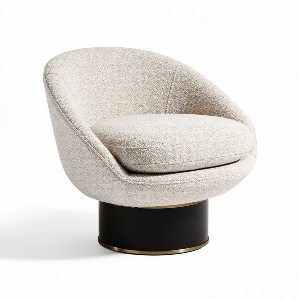 Swivel accent chair in cream fabric with black base 80 x 80 x 75cm