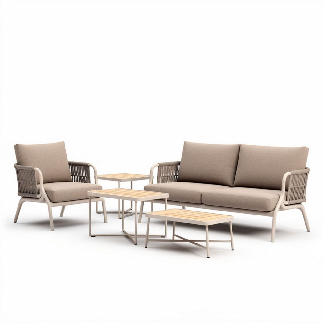 Outdoor wicker sofa set with beige cushions and wood accents 205 x 90 x 75cm